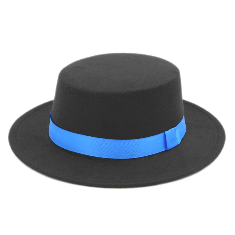 

Mistdawn Men Women Wool Blend Boater Hat Wide Brim Pork Pie Cap Fedora Hat Flat Top Blue Ribbon, Black