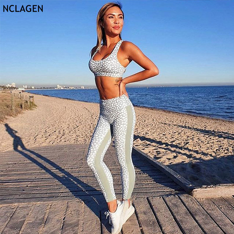 

NCLAGN Yoga Sport Set GYM Printing Jacquard Stretchy Sportswear Tank Tops High Waist BuLift Squat Proof Leggings Pant Hole, Green