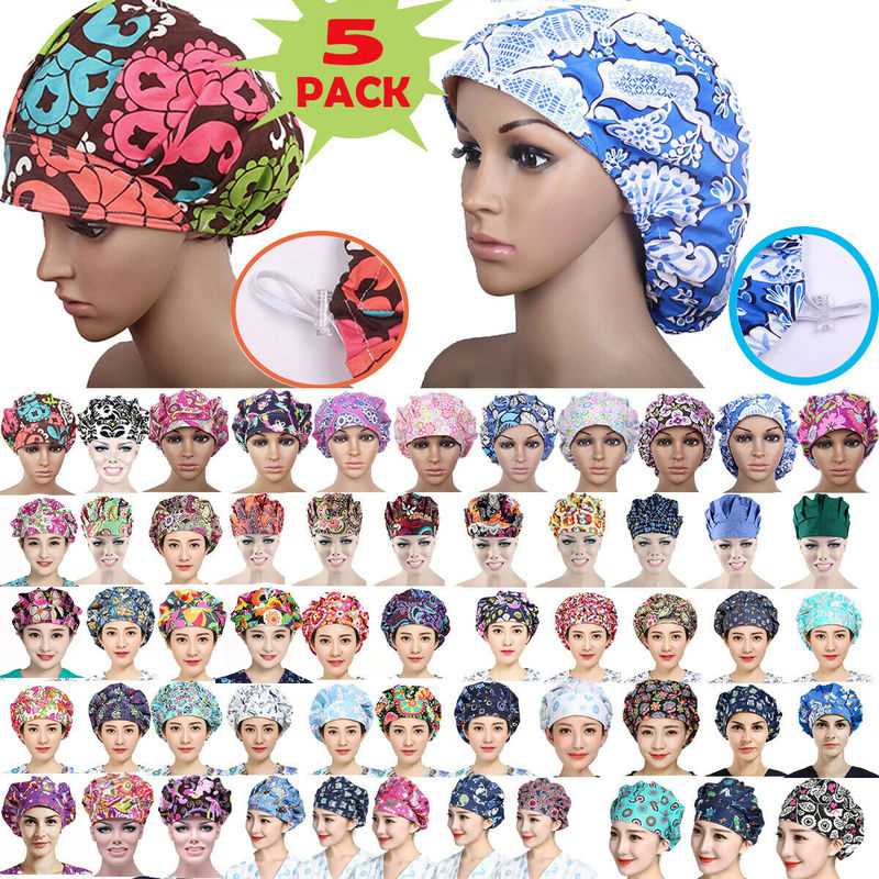 

5PCS/Set Random Send Wholesale Unisex Scrub Cap Reuseable Working Caps Cotton Adjustable Sweatband Bouffant Hats for Women Men, As pic