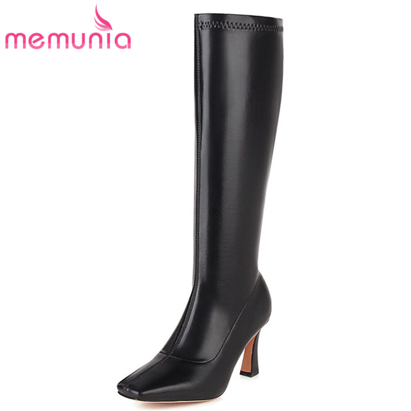 

MEMUNIA 2020 hot sale autumn winter knee high boots women solid colors thin high heel party shoes sexy ladies long boots, White with fur