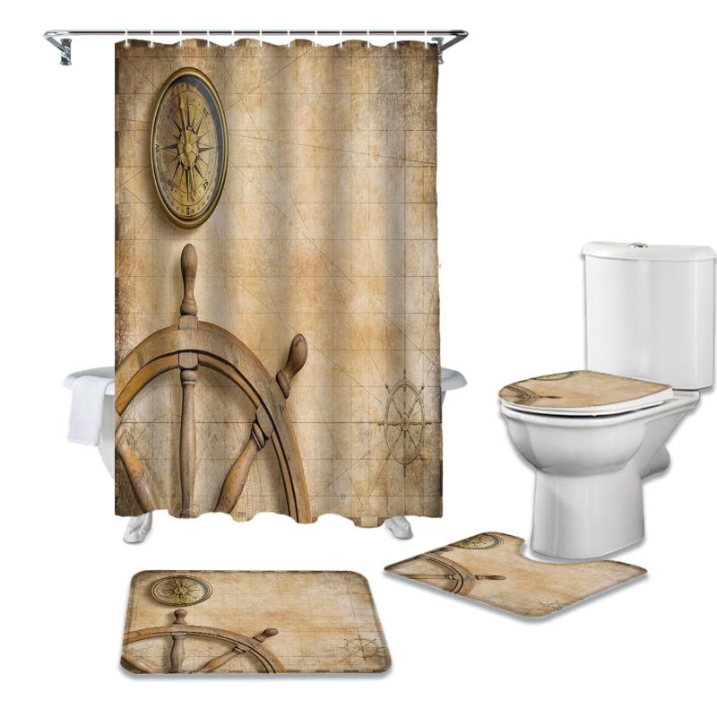 

Steering Wheel Compass Vintage Map Shower Curtain Sets Non-Slip Rugs Toilet Lid Cover and Bath Mat Bathroom Curtains Set