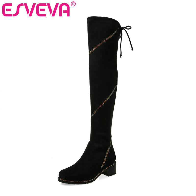 

ESVEVA 2020 Women Women Over The Knee Boots Winter Boots Square Low Med Heel Lace Up Elastic Motorcycle Size 34-40, Black 2.5cm