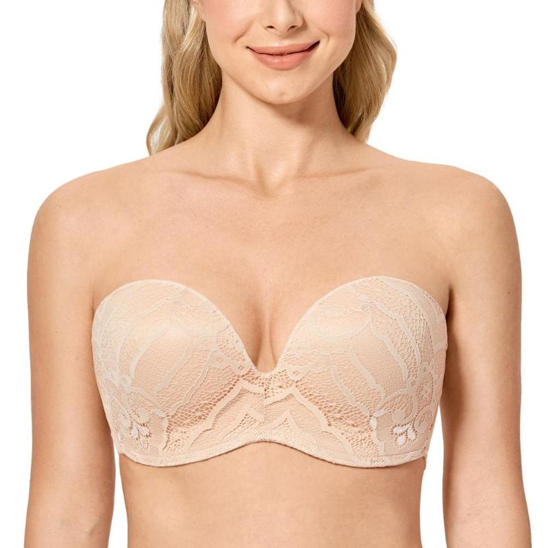 

Women's Slightly Lined Underwire Lift Support Plunge Push Up Lace Strapless Bra, Beige02