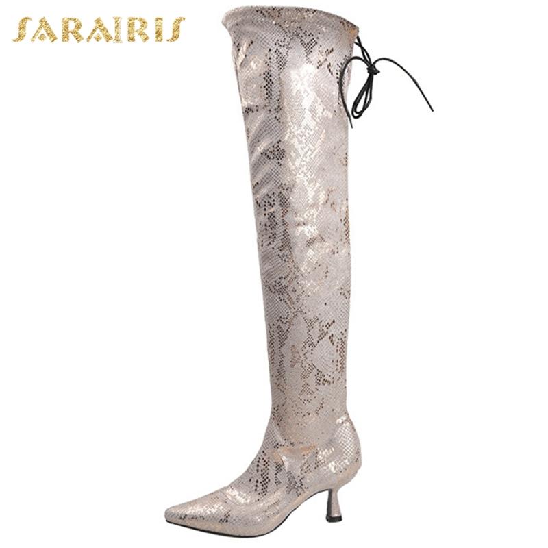 

Sarairis New Fashion 2020 Pointed Toe Over The Knee Boots Women Strange Style Shiny Spring Autumn Party Shoes Ladies Boots, Black