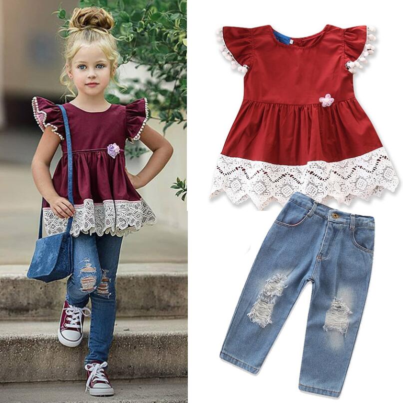 

Baby Girl Clothes 2PCS Ruffle Outfits Short Sleeve red Lace blouse+ Denim Pants Ripped Jeans for GirlsSet Summer