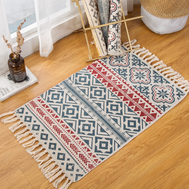 

Retro Bohemian Hand Woven Cotton Carpet Tassel Bedside Rug Geometric Floor Mat Living Room Bedroom Home Decoration-B, As shown