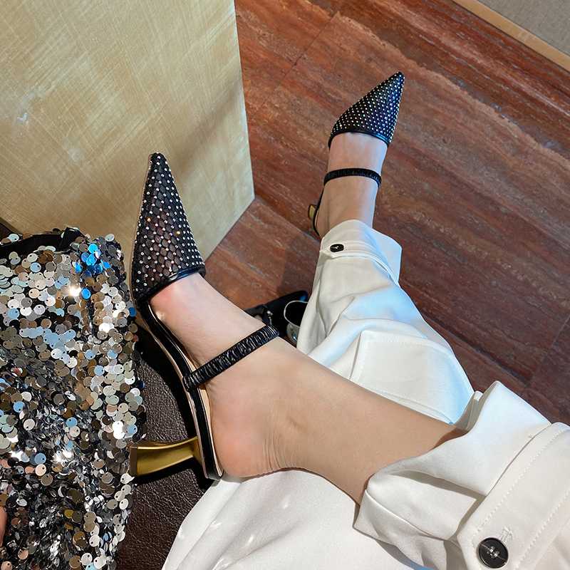 

Rhinestone Women Sandals Slippers Pointed Toe Slides High Heels Fashion Bling Party Nightclub Shoes Sandals Mules Wedding Pumps, White