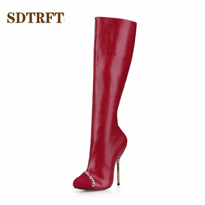 

SDTRFT stilettos 12cm thin heels Motorcycle Knee-High boots Pointed Toe shoes Woman Crossdresser Spring/Autumn pumps Plus:42 43, Blue