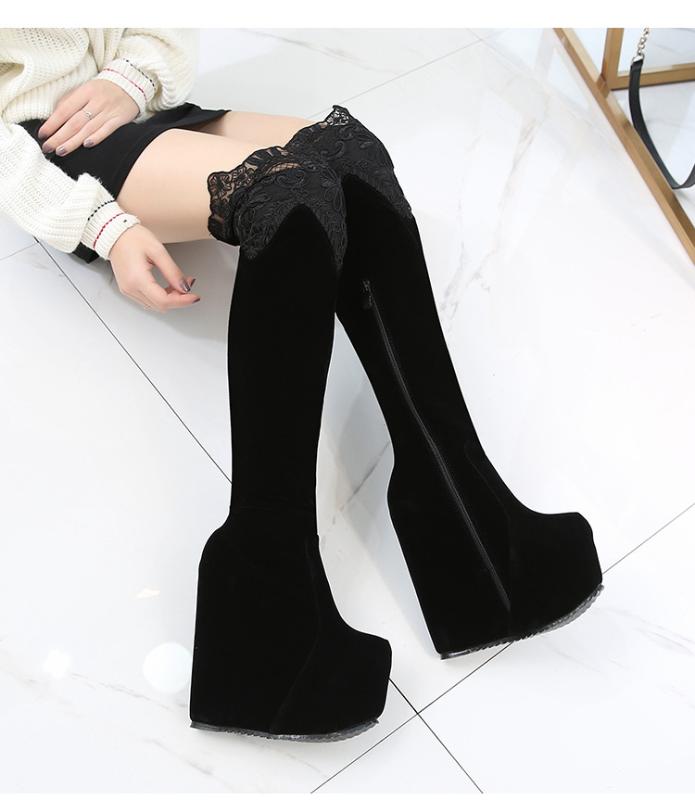 

Inside heighten boots sex appeal bud silk shows thin cross knee female boots thick sole ultra tall heel boot, Black
