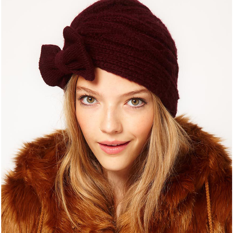 

2020 autumn and winter bohemian style warm Muslim hat wool knit big bow ladies hat soft high quality