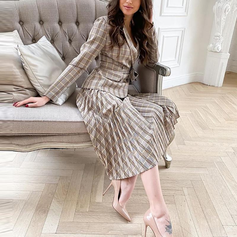 

Two-piece Vintage Pleated Belt Plaid Draped Dress Women Elegant Office Ladies Blazer Dresses Long Sleeve Autumn Midi Dress 2020, Grey