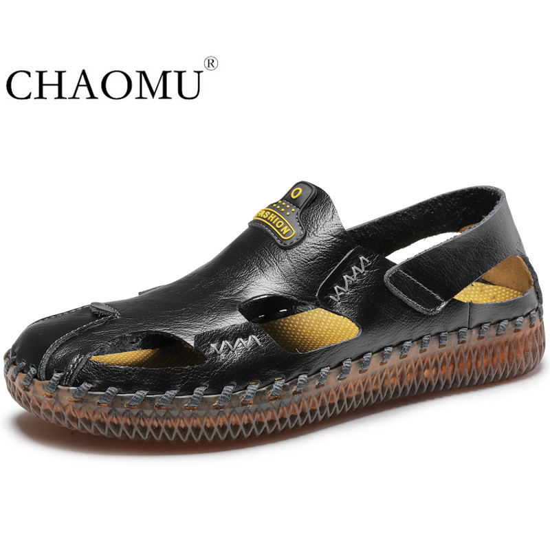 

Leather breathable sandals men's summer hollow holes shoes large size hand stitched waterproof casual shoes beach, Black
