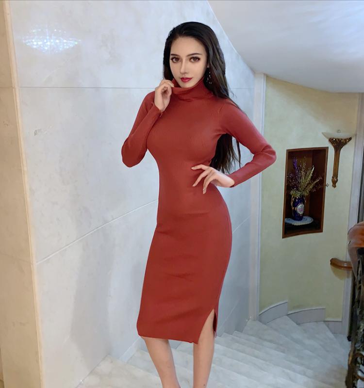 

New Autumn Winter Women Sexy Knitted Dress Turtleneck Sweater Dresses Lady Slim Bodycon Long Sleeve Bottoming Dress Vestidos, Black