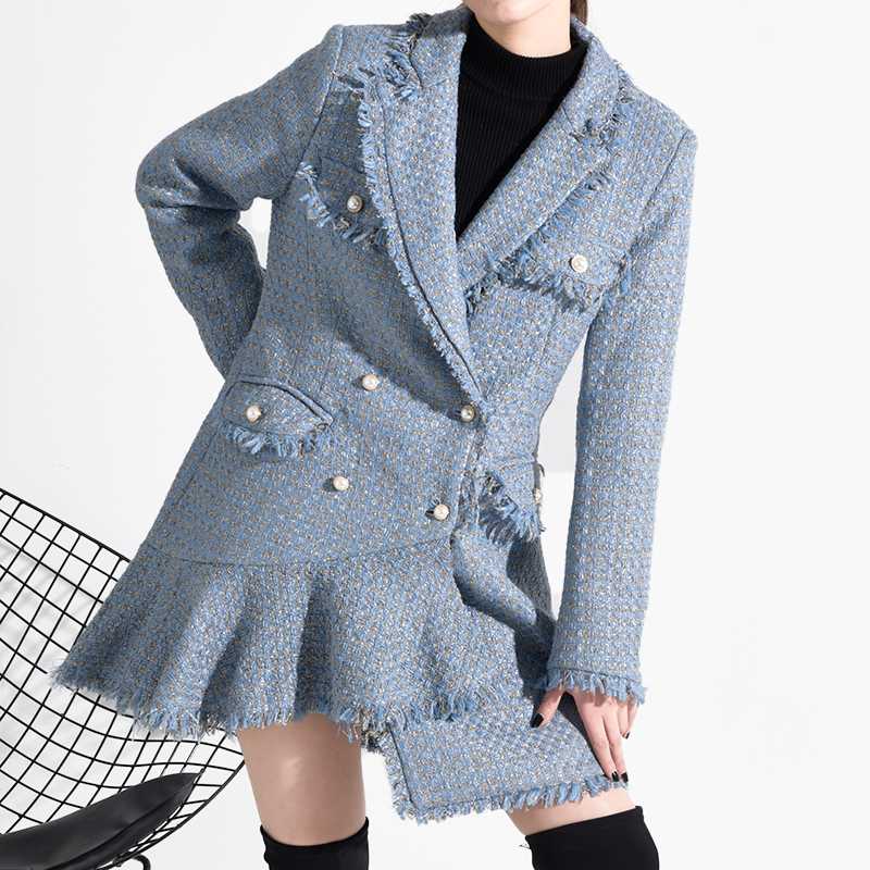 

EWQ] Korea Fashion Trends Slim Women Woolen Coat 2020 Spring Autumn New Sweet Full Sleeve Double Breasted Tweed Coats QZ06405, As shown