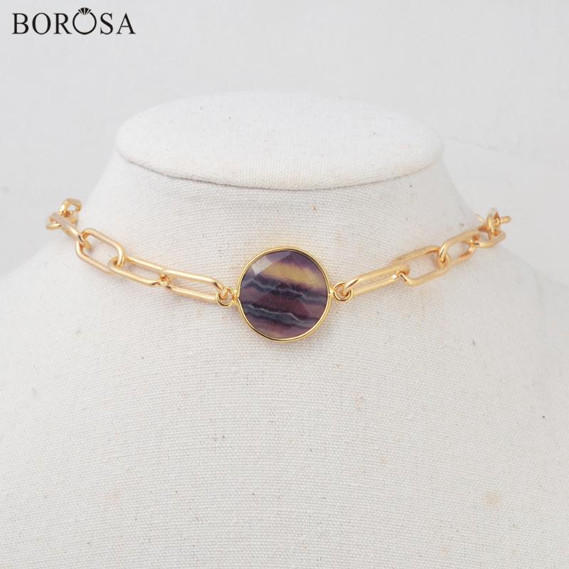 

BOROSA Boho Round Natural Amethysts Gold Choker Necklace Gems Stone Pendant Beads 14'' Link Chain Necklace for Women HD0353