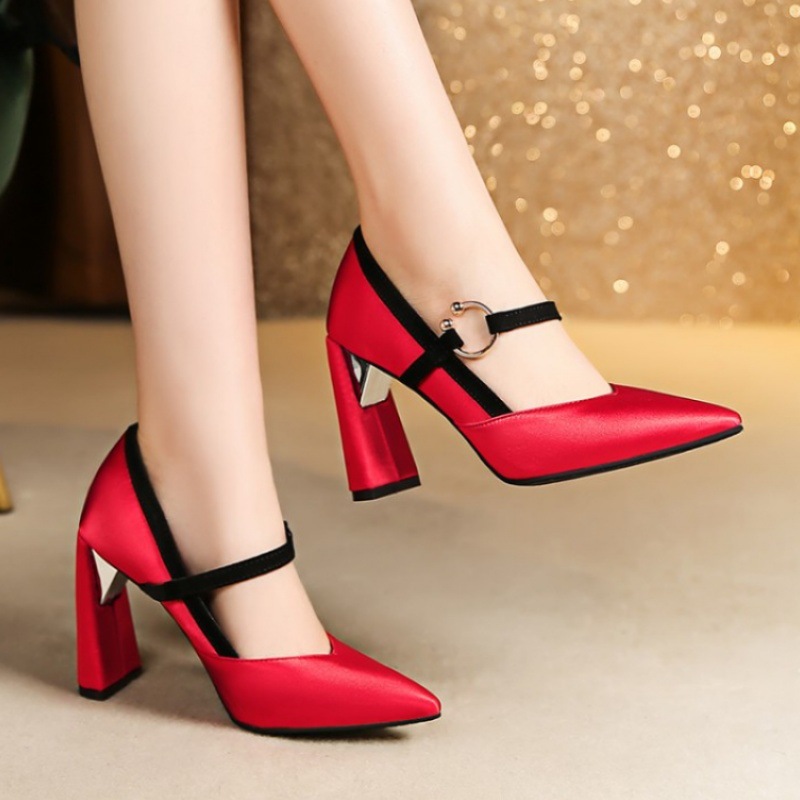 

Comely2020 Summer Retro Silk Shoes Women's Satin Metal 9cm High Heeled Pumps Party Pointed Toe Women Sandals Thick Heel, Black silk 9cm