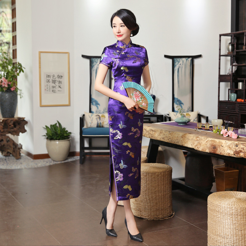 

Women's ankle length long cheongsam printed elegant short sleeve retro Chinese dress evening clothing Chi-pao plus size