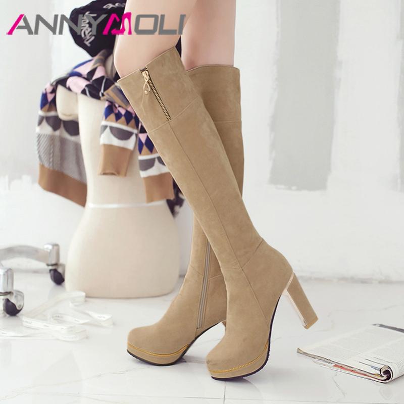

ANNYMOLI Women Boots Winter Knee High Boots Zipper Platform Chunky Heels Long Extreme High Heel Shoes Lady Autumn Size 43, Black