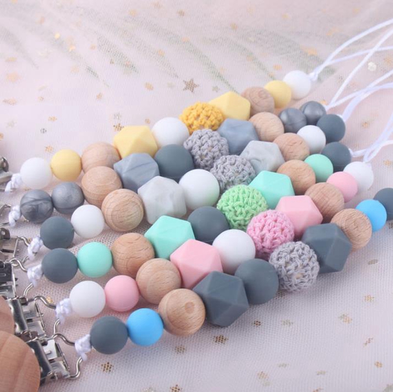 

Baby Pacifier Clip Chain Wooden Holder Silicone Teether Pacifier Clips Leash Strap Nipple Holder Infant Feeding Toys Baby Shower Gift DW5671