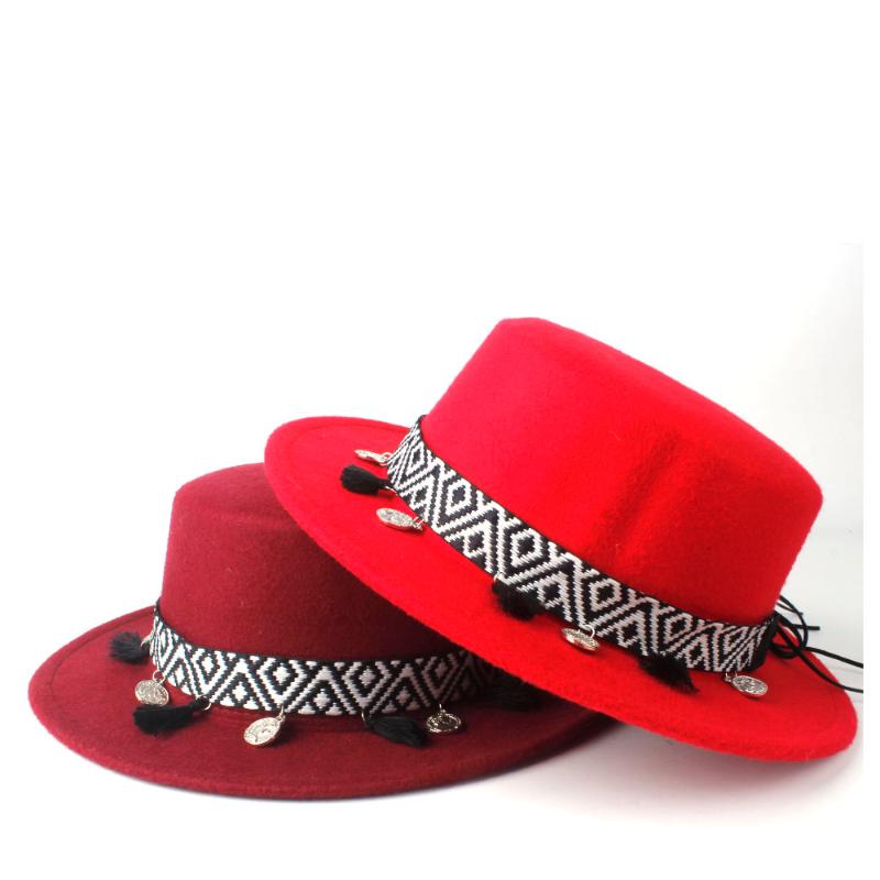 

Fashion Women Autumn Winter Flat Fedora Hat With Tassel Ribbon Pork Pie Hat Wide Brim Jazz Fascinator Size 56-58CM, Black