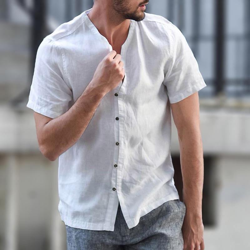

2020 Summer Men's Baggy Cotton Linen Solid Short Sleeve Button Retro Tops Blouse hawaiian shirt chemise homme camisas hombre, White