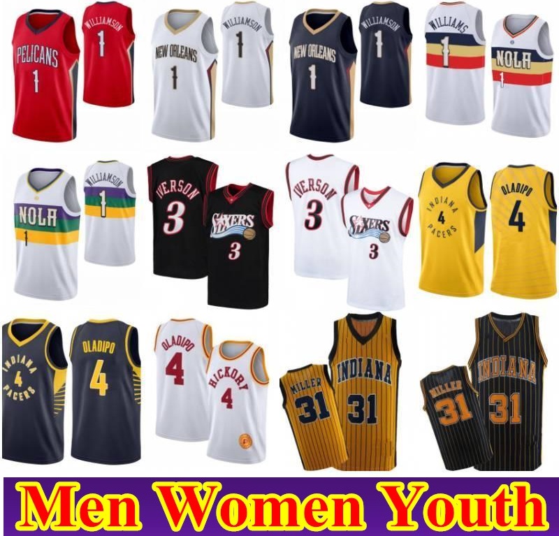 

Mens Women kids youth Zion 1 Williamson Victor 4 Oladipo Basketball Jersey NCAA Allen 3 Iverson Reggie 31 Miller Retro Stitched Jersey, As shown in illustration
