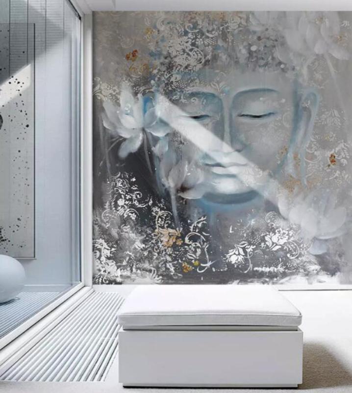 

Custom hand-painted murals wallpaper nostalgic Buddha Buddha lotus porch setting wall decoration, Silk cloth