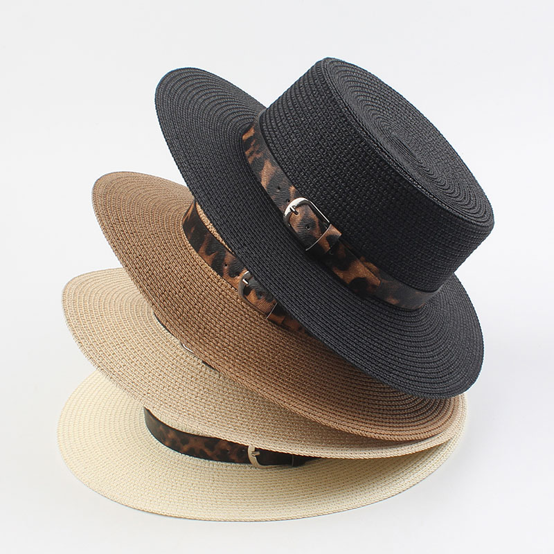 

Versear Women Straw Hat Leopard Print Band Flat Top Adjustable Foldable Boater Sun Summer Casual Panama Vacation Cap Sun Hat, White