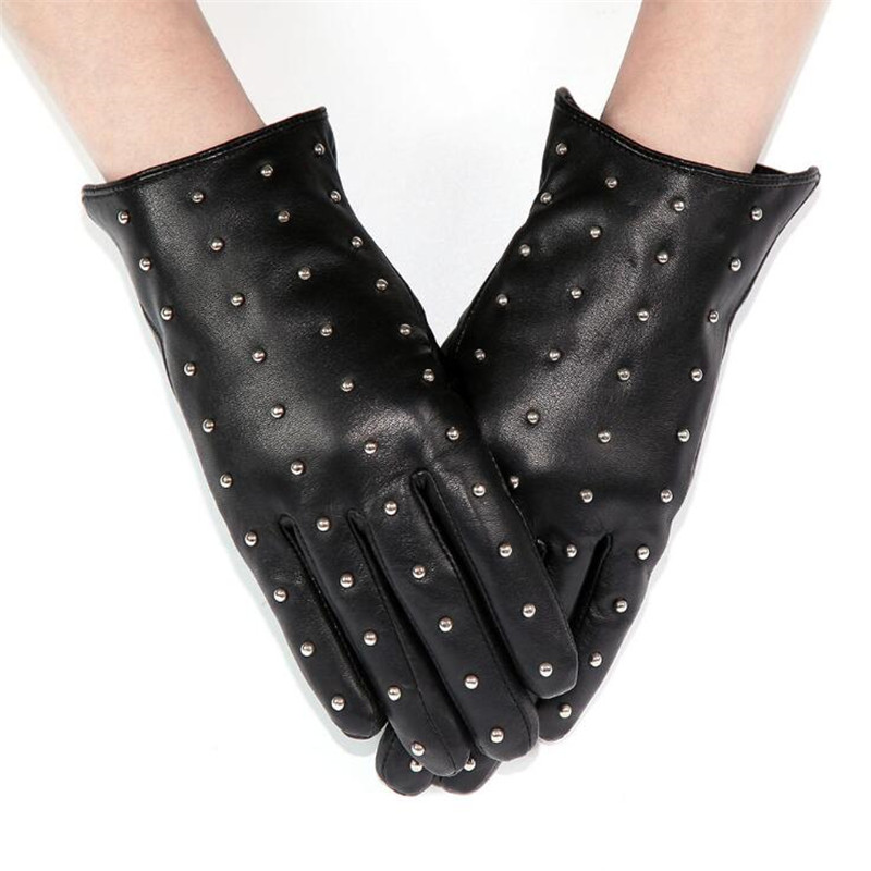 

Fashion Beaded Black Mittens Women Soft Sheepskin Gloves Warm Winter Gloves