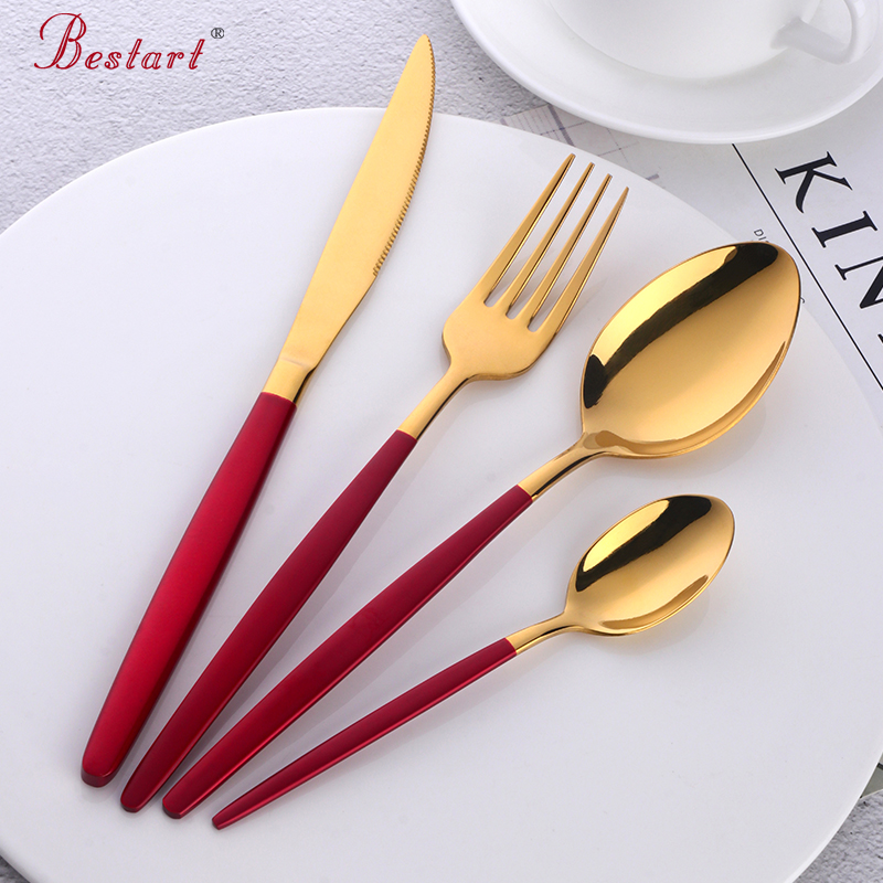 

4 Pcs/Set Flatware Set Red Gold Stainless Steel Dinner Knife Fork Tablespoons Long Handle Dinnerware Set