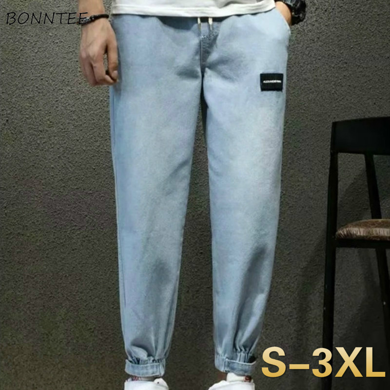 

Men Jeans Patch Designs Bundle Cargo Denim Trousers Korean-style Fashion Loose Ankle-length Mens Leisure All-match Elastic-waist, Black