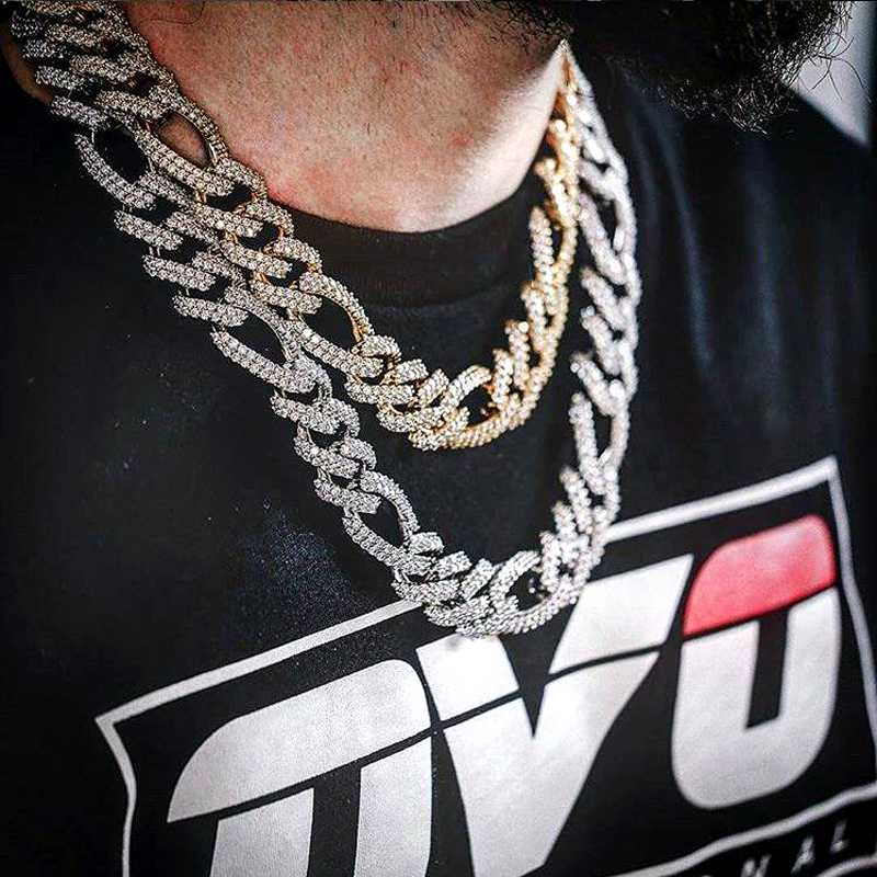 

Miami Cuban China CZ Necklace Prong cz Gold 19mm Iced Out Cubic Zirconia Figaro Chain Women Men Necklaces Hip Hop Jewelry