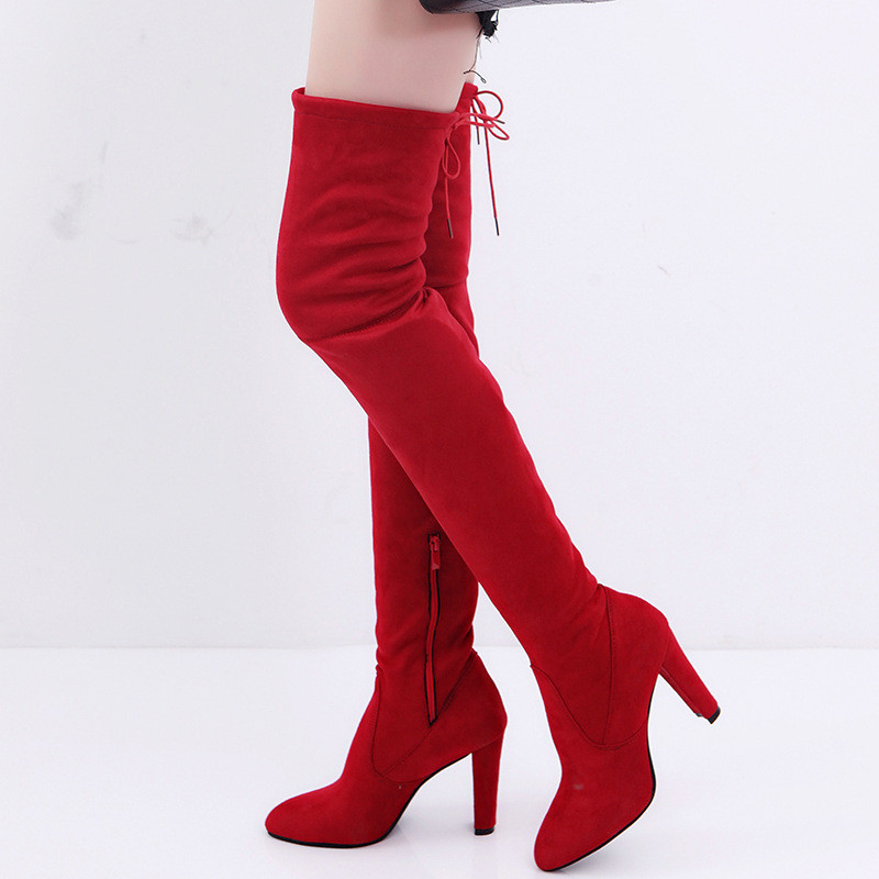 

Plus Size Fashion Female Winter Thigh High Boots Faux Suede Leather Solid High Heels Women Over The Knee Shoes Plus Size 34-43, Black