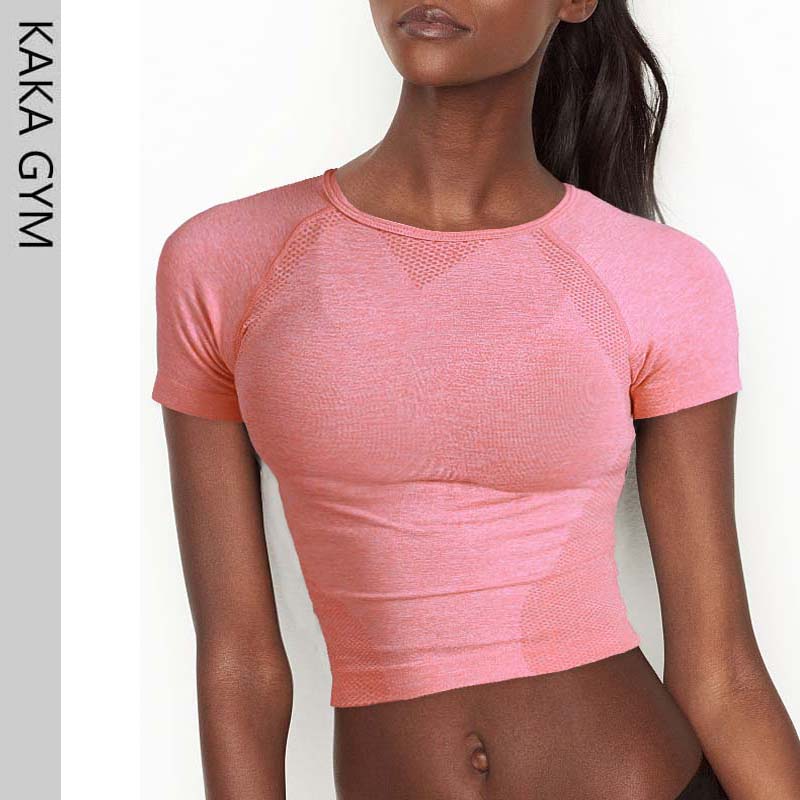 

Women' Seamless Short Sleeve Crop Top Yoga Shirts with Thumb Hole Running Fitness Workout Seamless Top Shirts, Pink