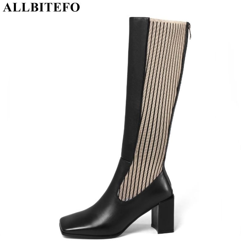 

ALLBITEFO square toe genuine leather+Elastic material thick heels women knee high boots brand high heels women boots long, As picture
