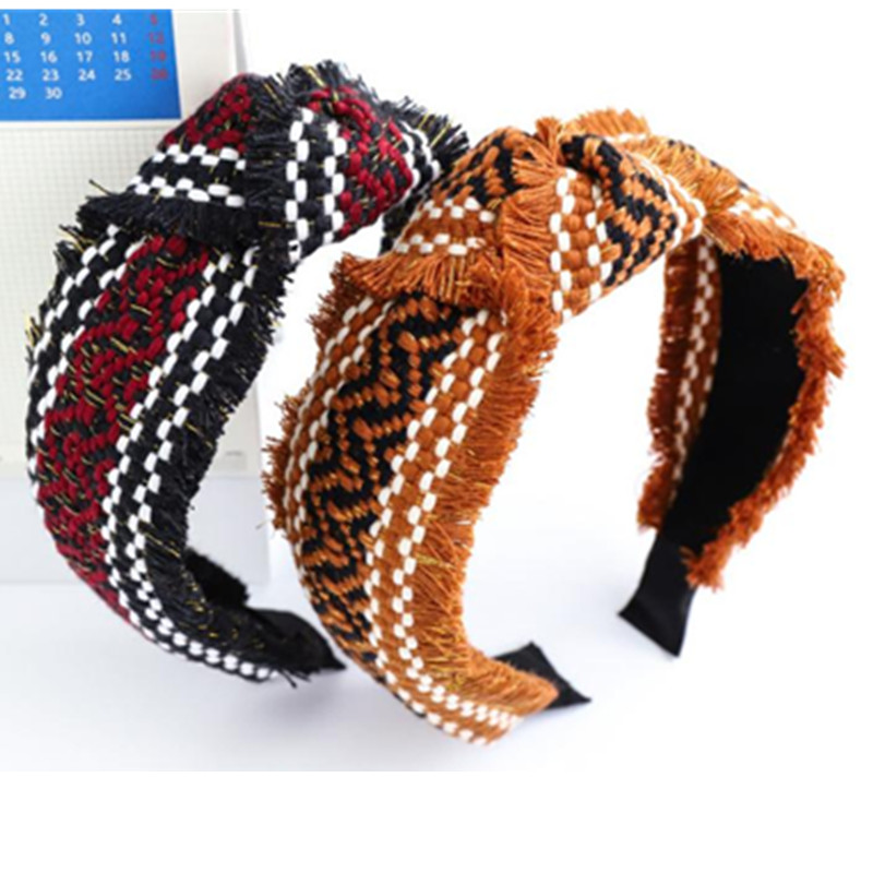 

Women Winter Headband Tassels Handmade Weaving Wool Knot Hairband Ladies Outdoor Headdress Wide Head Band Adults Hair Headband