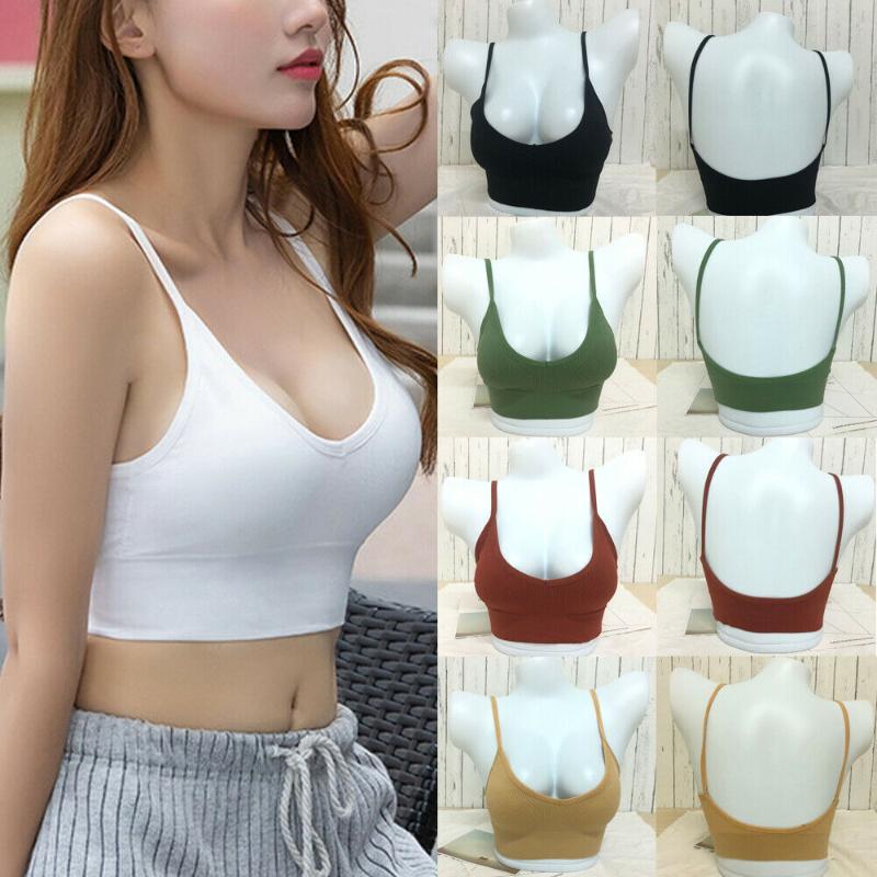 

New Women Soft Basic Plain V neck Spaghetti Strap Stretchy Pad Vest Backless Strappy Bralet Solid color Sport Cami Bra Crop Top, Beige