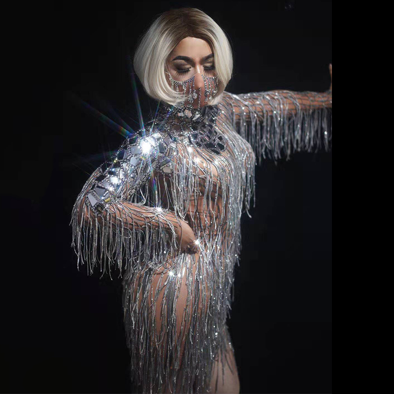 

Silver Sequins Tassel Short Dress Women Evening Party Fringes Rhinestones Birthday Celebrate Dresses Singer Stage Costume DN6072, As picture