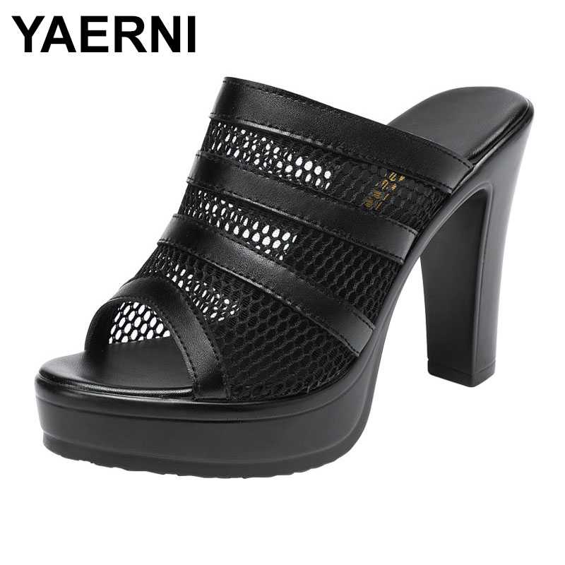 

YAERNI block heel platform shoes women slippers summer 2020 open toe high heels slides ladies cutout slippers big size 33-43, Black