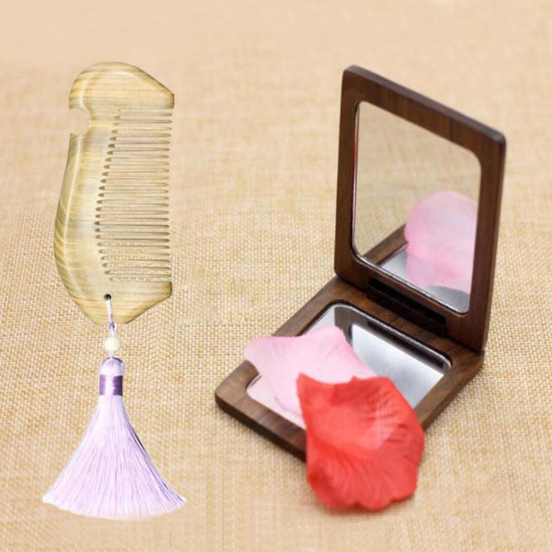 

1 Set Portable Green Sandalwood Comb Mirror Hair Comb Set with Double-sided Makeup Mirrors Hair brush send gift box D50