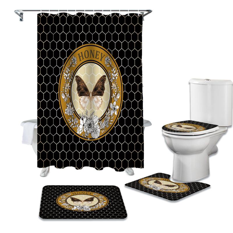 

Butterfly Flower Honeycomb Black Retro Honey Shower Curtain Sets Non-Slip Rugs Toilet Lid Cover and Bath Mat Bathroom Curtains