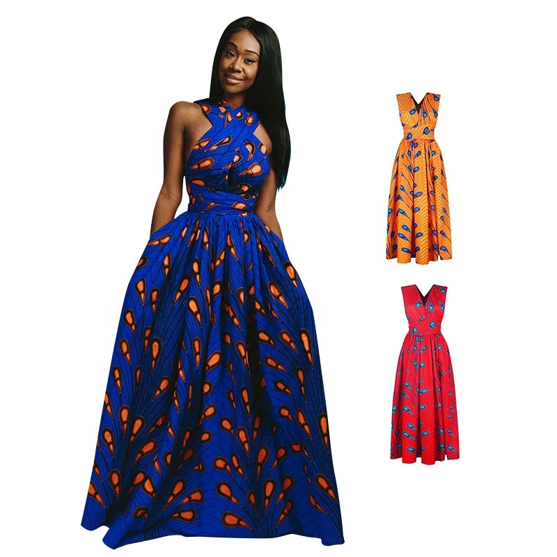 

Hot Selling African Dresses Feather Print DIY Straps Wear Ethnic Style Women' Sexy Split clothing dresses, Sku1