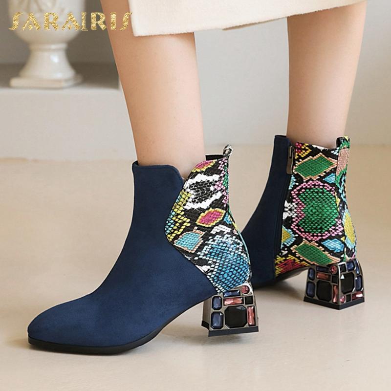 

Brand New 2020 Big Size 43 Crystals Square Heels Fashion Patchwork Winter Shoes Women Ankle Boots Female, Apricot