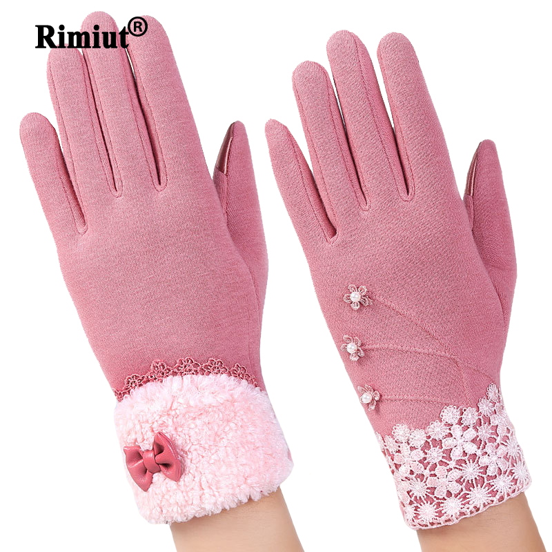 

Rimiut Women's Fashion Mittens Cashmere Wrist Gloves Bow Flower Lace Gloves Thick Winter Autumn Full Fingers Warm