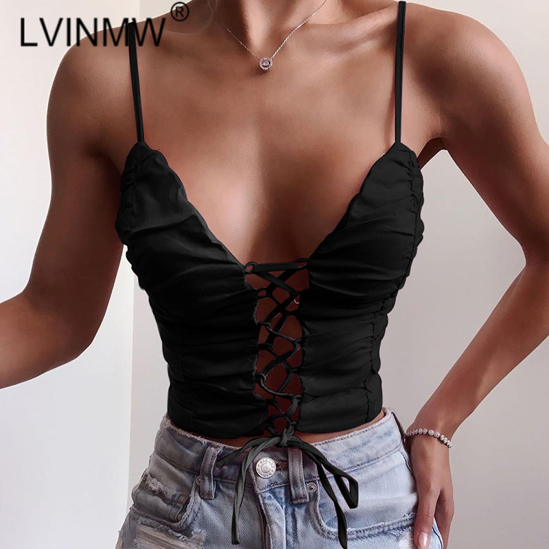 

LVINMW Sexy Hollow Out Lace Up Pleated Backless Sleeveless Low Cut Crop Top 2020 Summer Women Fashion Camisole Tops Club Party, Black
