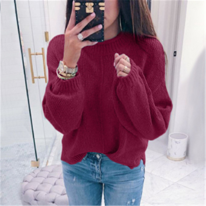 

Knitted O-neck Sweater Solid Color Autumn and Winter Women's Lantern Sleeve Sweater Loose Casual Ladies All-match Blouse, Bs