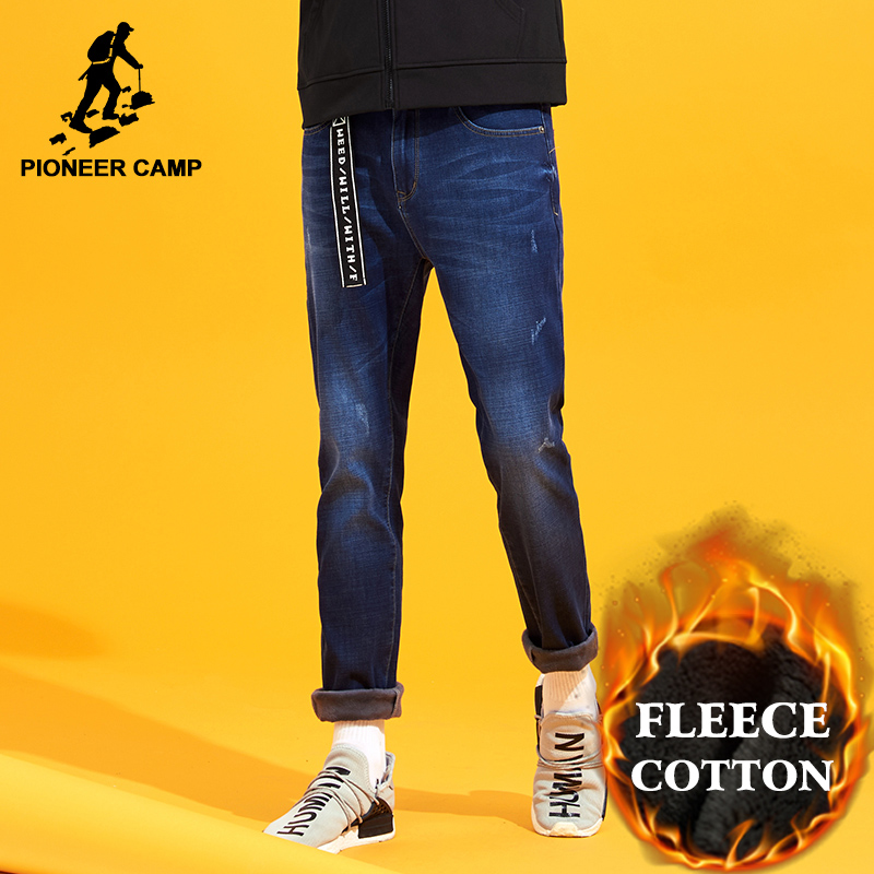 

Pioneer Camp winter warm fleece jeans men brand-clothing dark blue thick denim pants male straight leg jeans ANZ710004