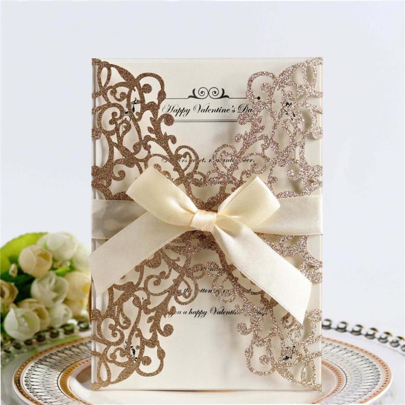 

10PCS Bowknot Glitter Invitations European Style Laser Cut Wedding Invitations Party Holiday Greeting Card Cover Card Invitation