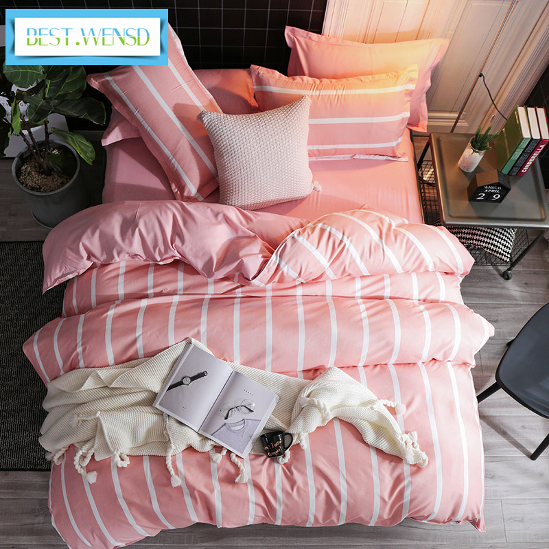 

BEST.WENSD Pink simple 3/4pc bed set bedclothes Super soft Cotton pastoral style bedsheet Bedding super king stripe duvet cover, As picture