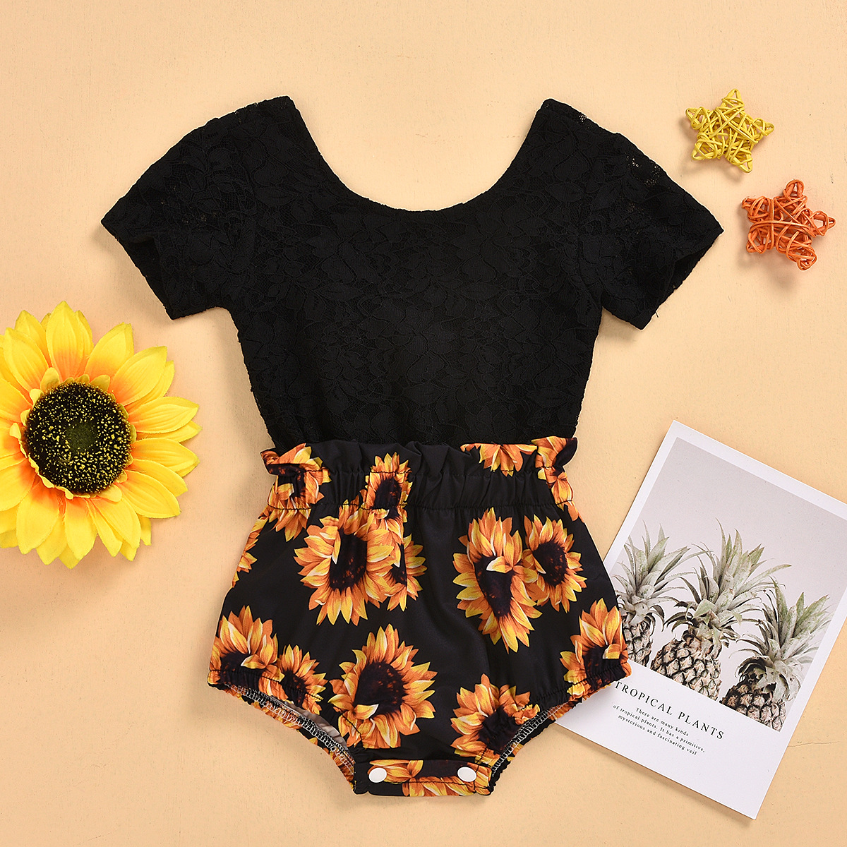 

Newborn Baby Girl 0-24M Cotton Black colour Summer Short Sleeve Sunflower Print Romper Kids fashion jumpsuit, Blue
